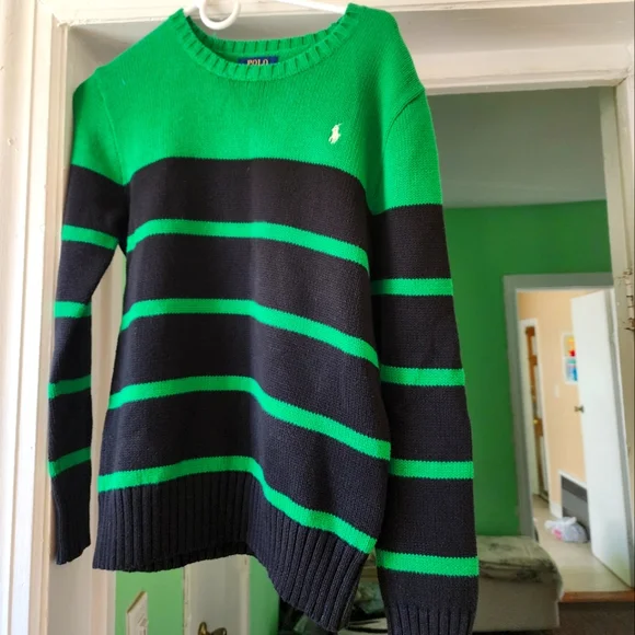 Polo men's sweater green and blue stripes. - Picture 1 of 8
